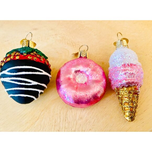 Dessert Set Of 3 Ornaments Gift Toppers Donut Strawberry Ice Cream Cone 2” High - Picture 1 of 4